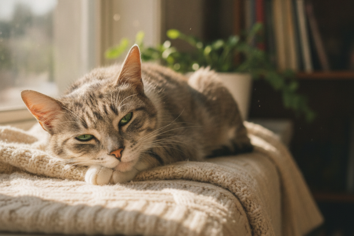 Senior cat beside a balanced meal formulated for older cats