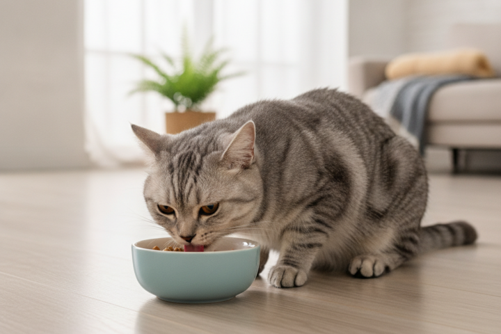 Indoor cat beside a portion of complete wet cat food