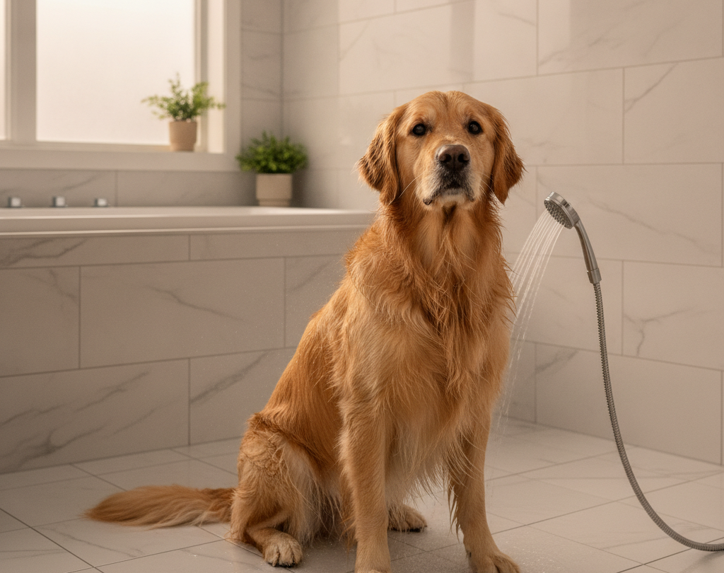 Wet golden retriever sitting beside a handheld shower in a bathroom