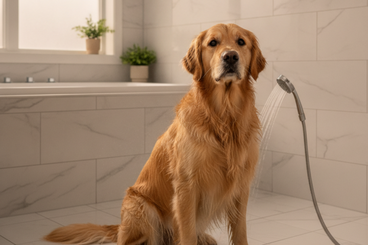 Wet golden retriever sitting beside a handheld shower in a bathroom