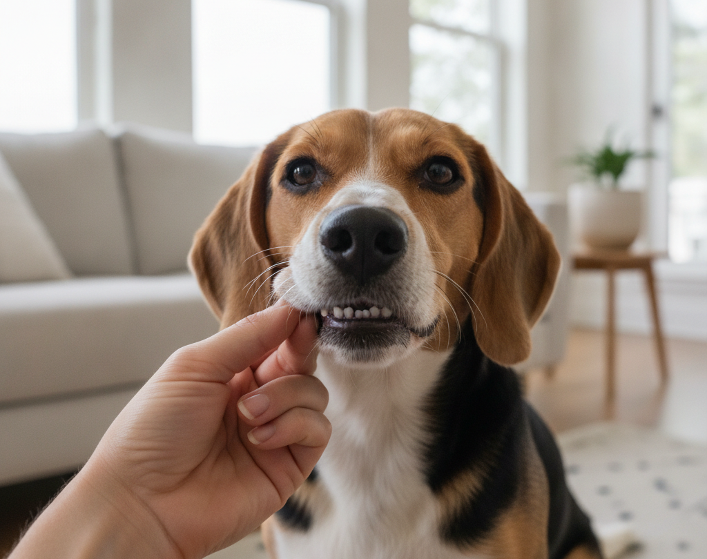 Person lifting a beagle’s lip to check its teeth