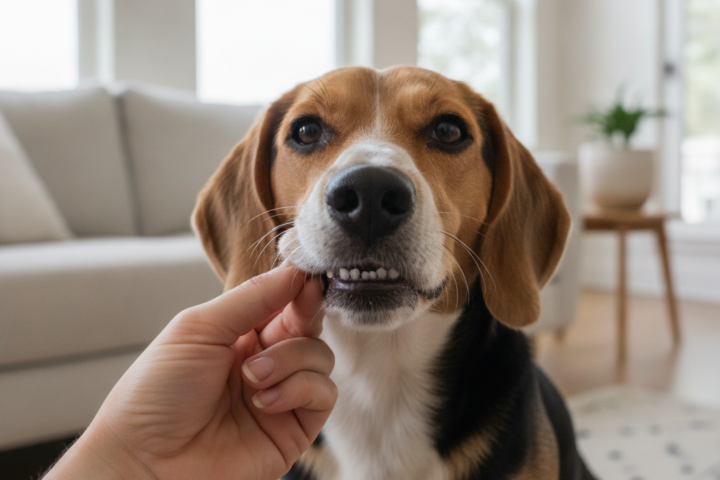 Person lifting a beagle’s lip to check its teeth