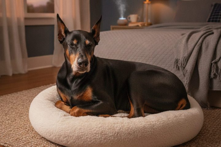 Anxious dog resting calmly in a comfortable nighttime sleeping area