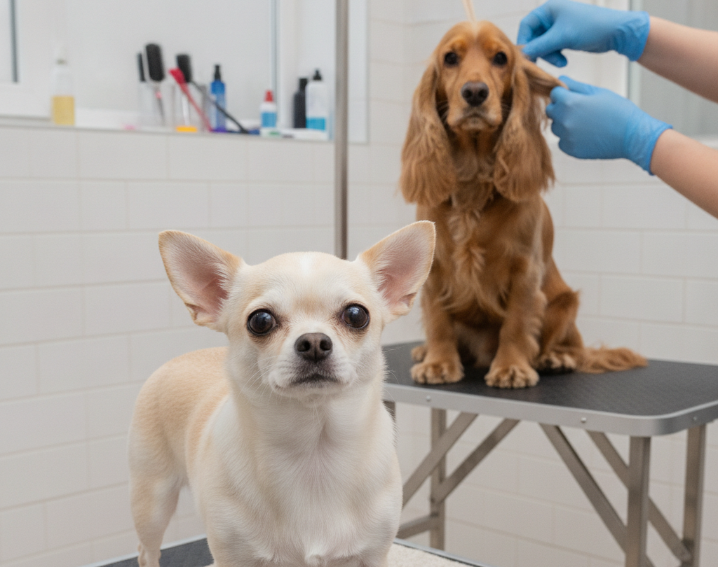 Dog having its ears gently cleaned at home