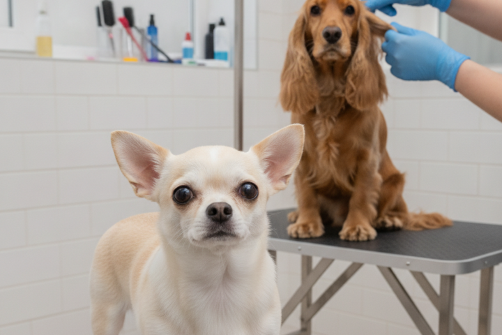 Dog having its ears gently cleaned at home
