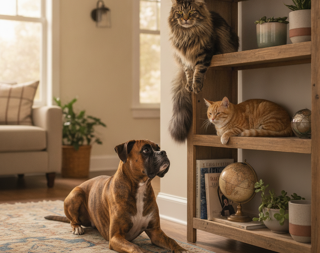 Dog and cat meeting calmly under close supervision