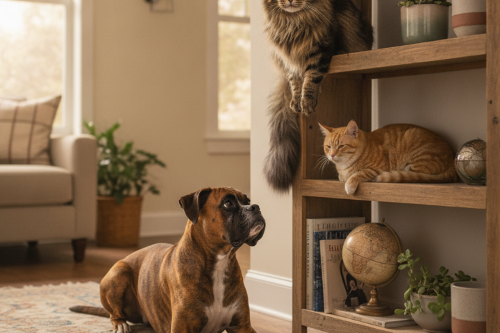 Dog and cat meeting calmly under close supervision