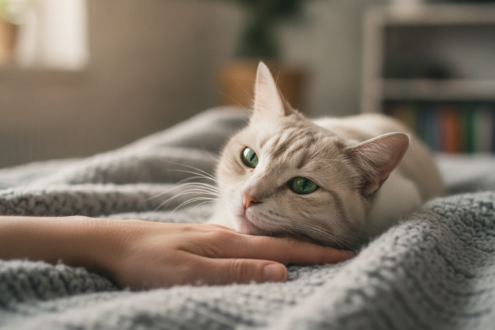 Cat interacting gently with a person's hand during training