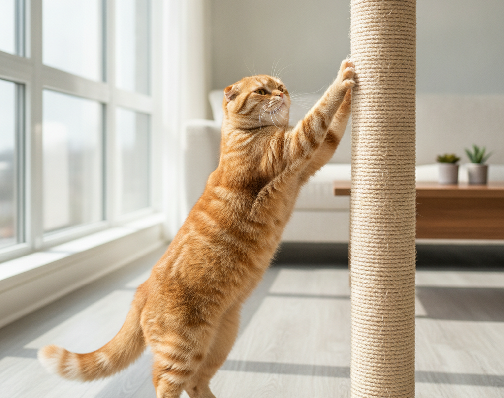 Orange cat scratching a tall sisal scratching post