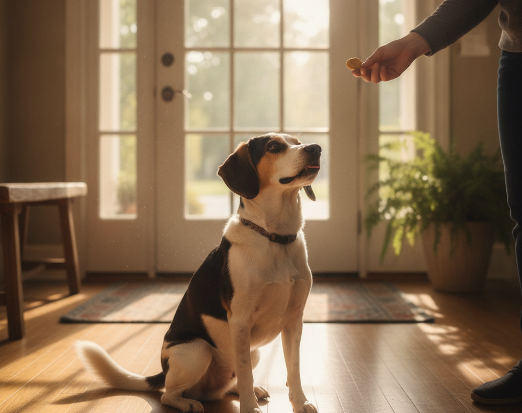Dog sitting calmly while a person offers a treat near the front door