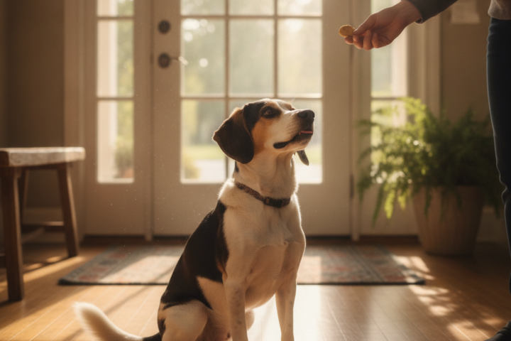 Dog sitting calmly while a person offers a treat near the front door