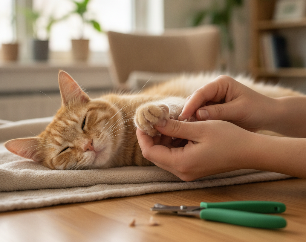 Person holding a relaxed orange cat’s paw beside nail clippers