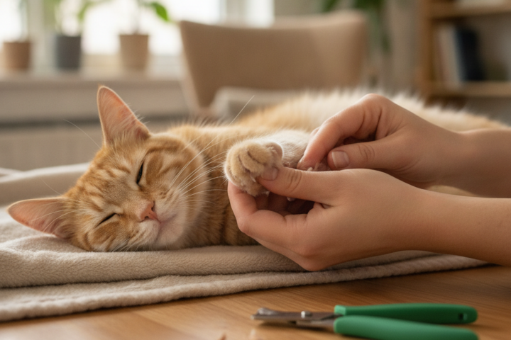 Person holding a relaxed orange cat’s paw beside nail clippers