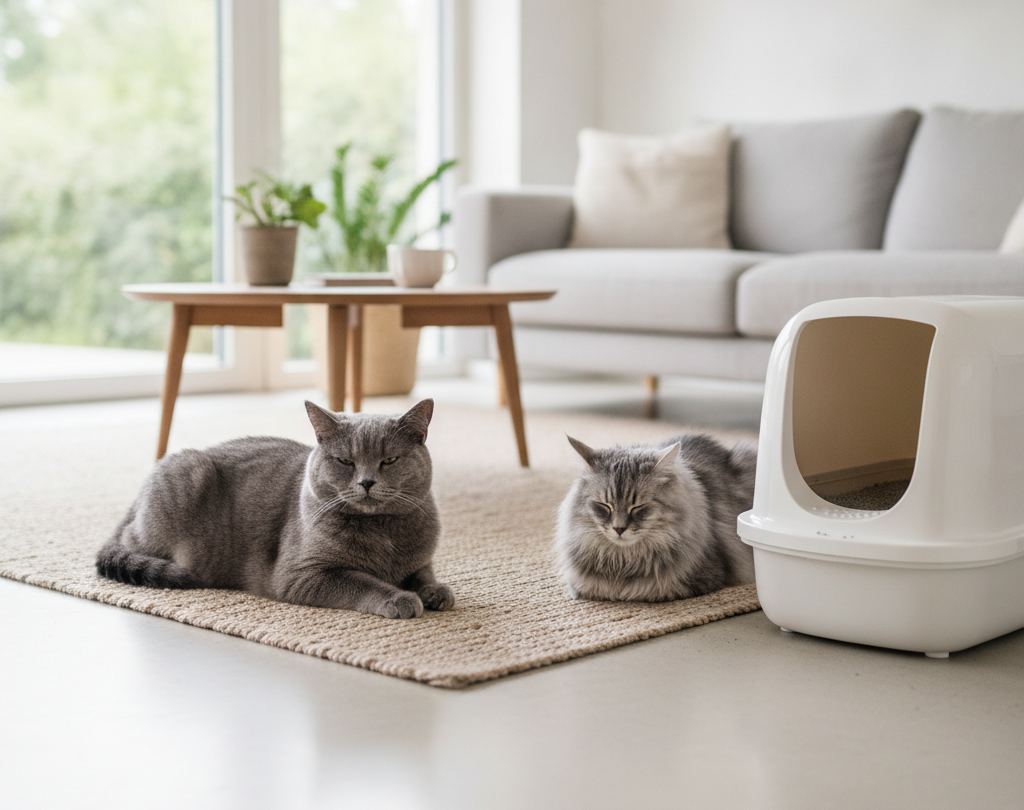 Cat near a litter box showing possible urinary tract discomfort