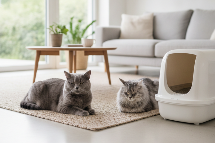 Cat near a litter box showing possible urinary tract discomfort