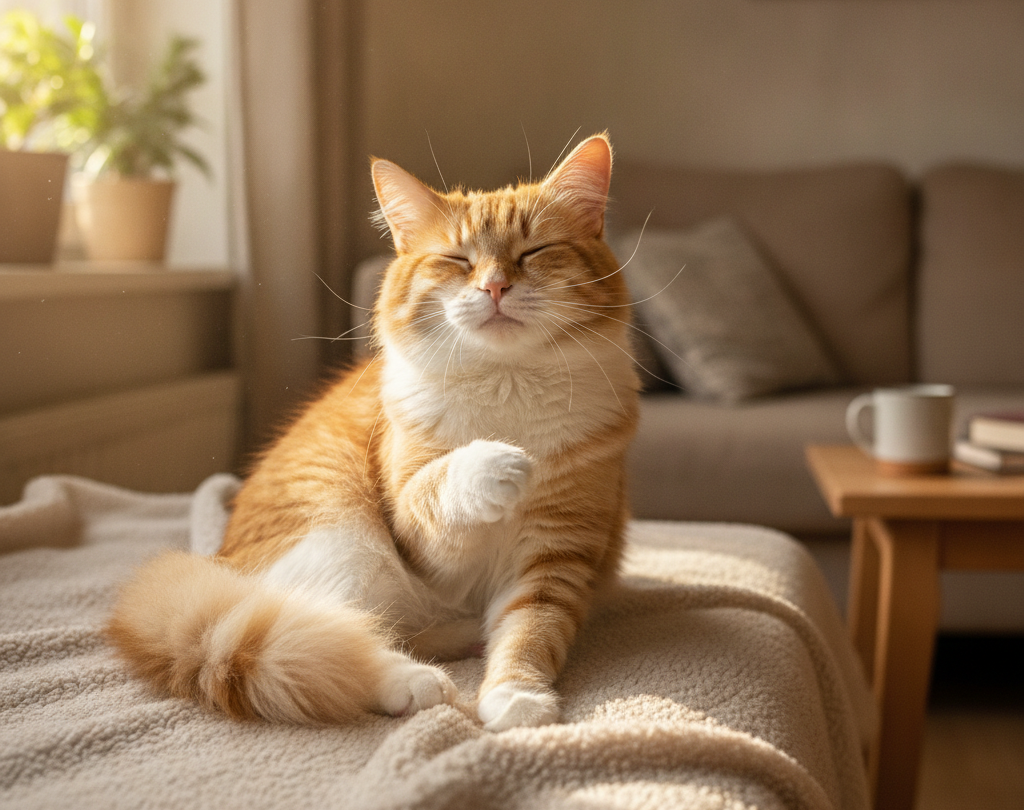 Orange-and-white cat kneading a soft blanket