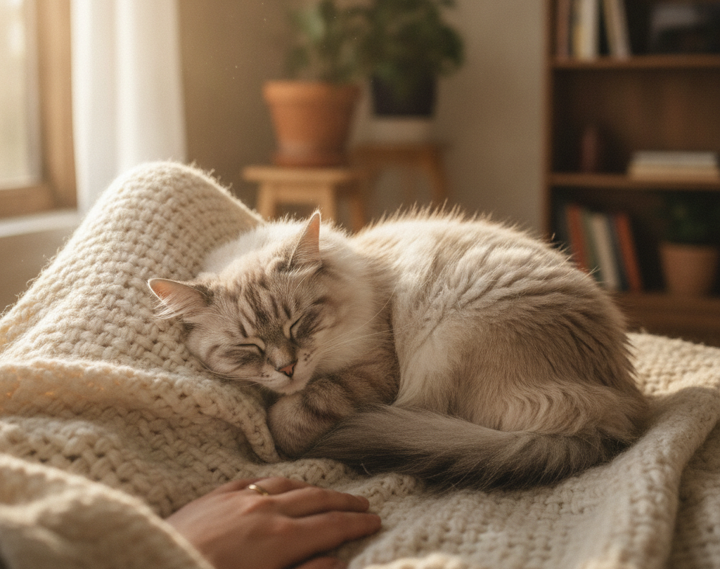 Cat asleep on a blanket beside a person’s hand