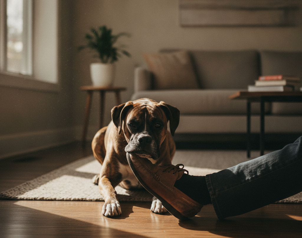 Dog following its owner through a bright home