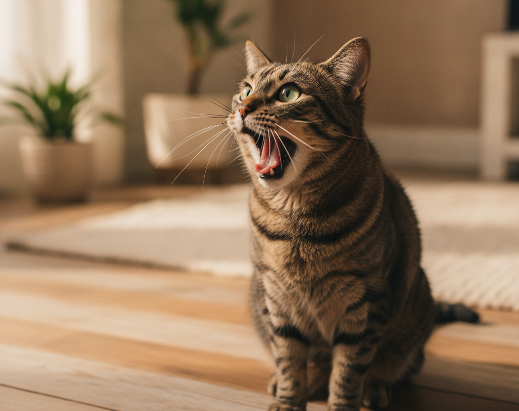 Tabby cat meowing while sitting in a bright living room