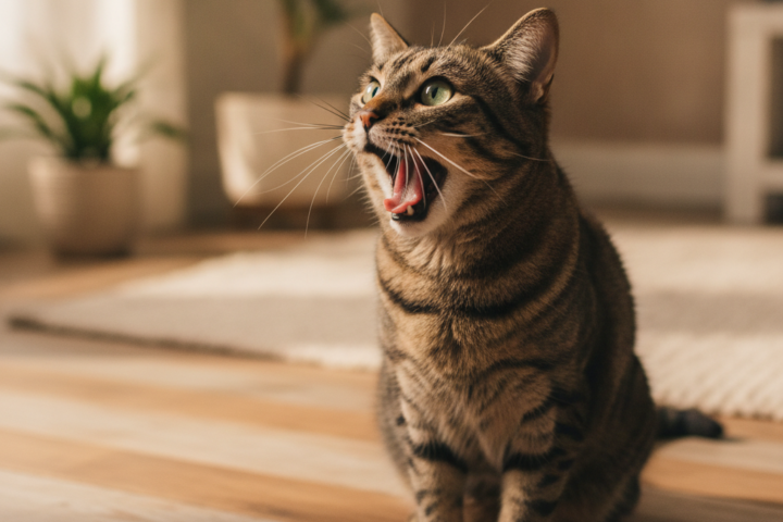 Tabby cat meowing while sitting in a bright living room