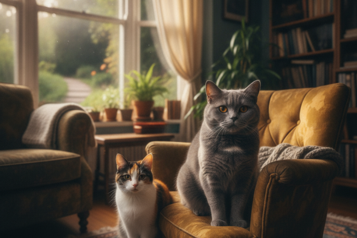 Two cats sitting together in a living room