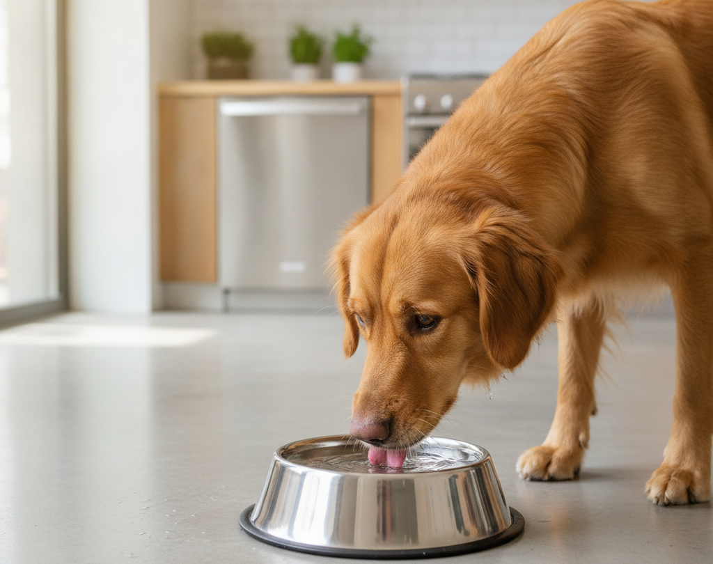 Dog drinking water frequently from a bowl