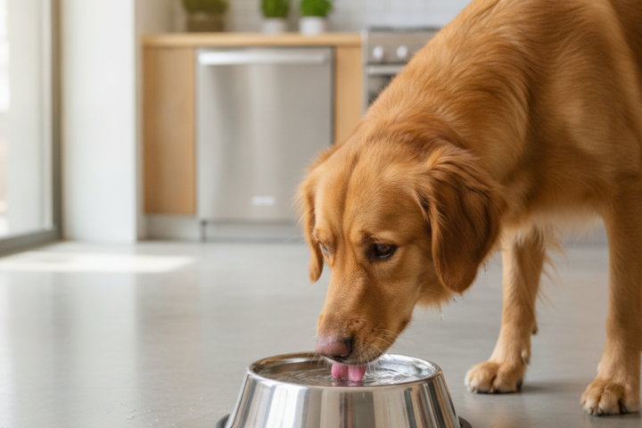 Dog drinking water frequently from a bowl