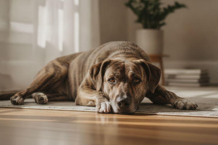 Brown dog resting on a rug indoors