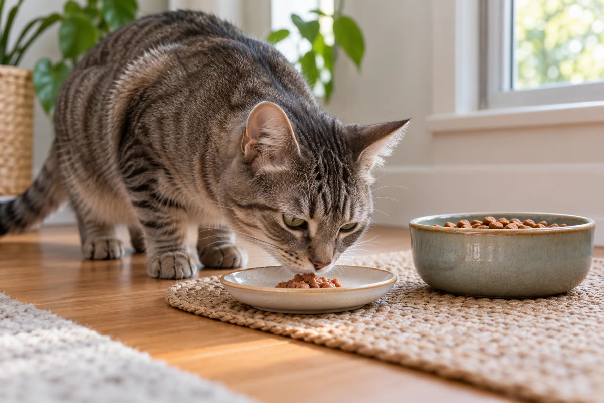 Tabby cat trying a small taste of wet food beside its familiar dry food