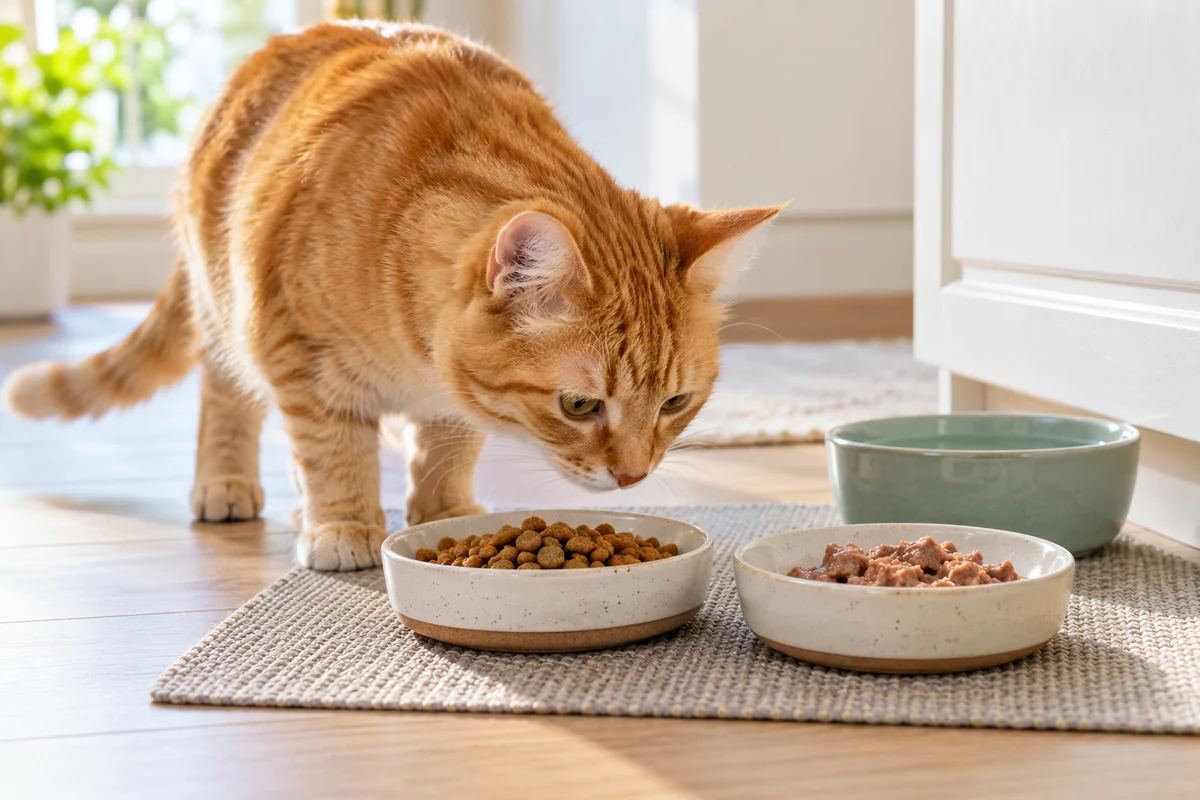 Ginger cat beside separate bowls of dry and wet food during a gradual diet transition