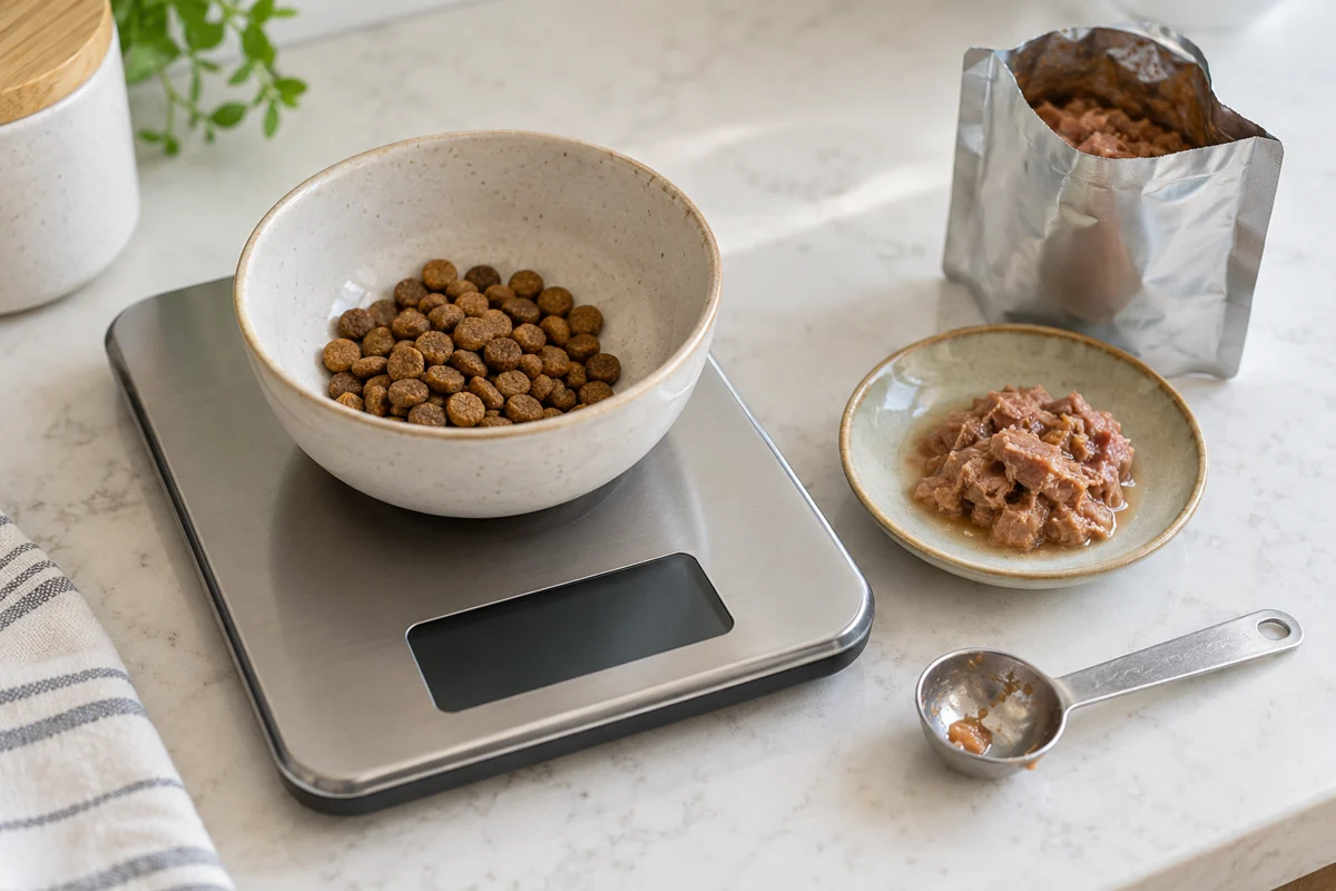 Dry cat food on a kitchen scale beside wet food for comparing calorie-based portions