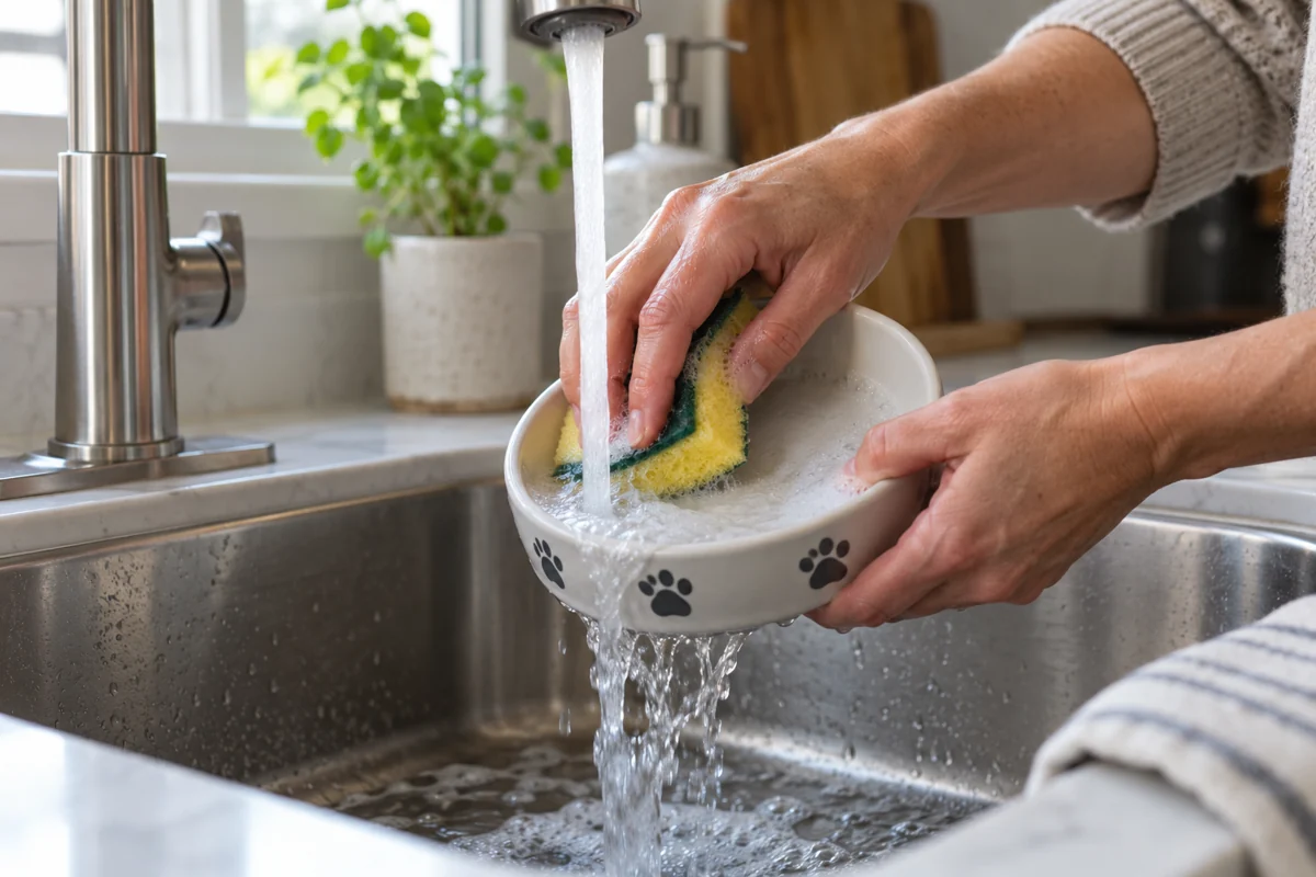 Hands washing a ceramic cat-food bowl with a sponge under running water