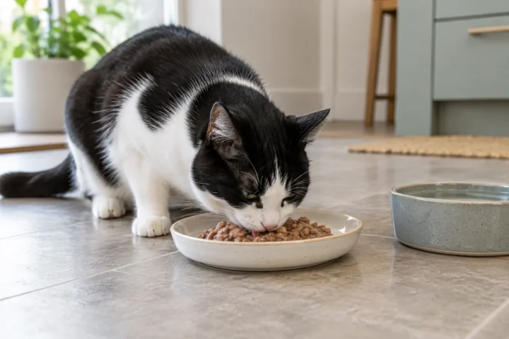Black-and-white cat eating a freshly served wet-food meal beside its water bowl