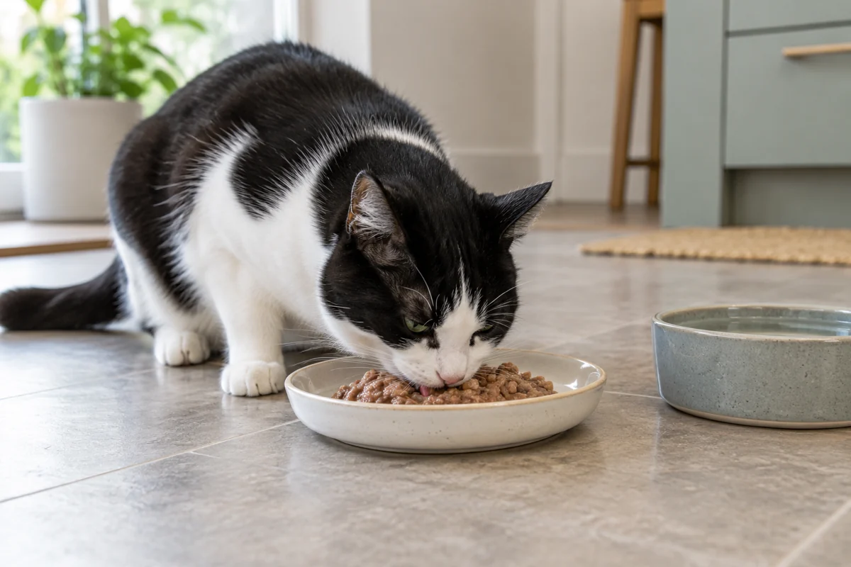 Black-and-white cat eating a freshly served wet-food meal beside its water bowl