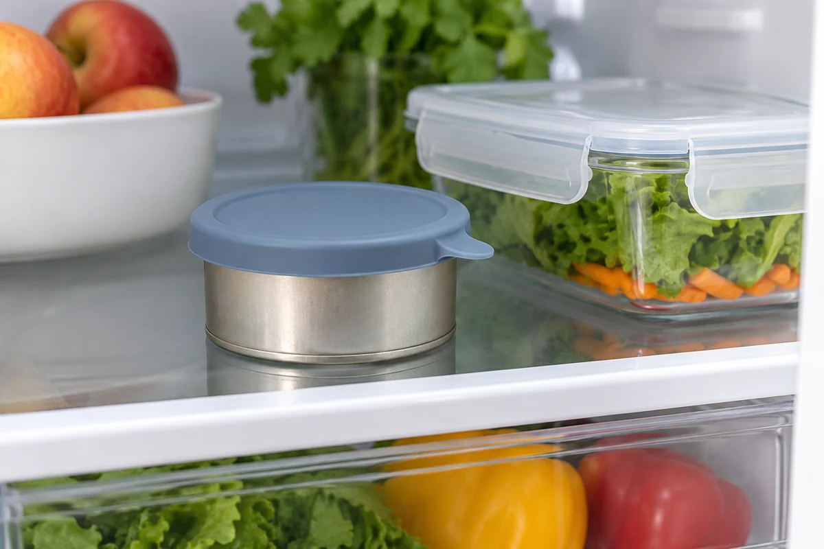 Covered pet-food can on a refrigerator shelf beside a sealed food container